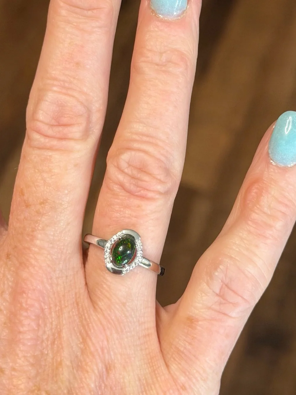 Stunning Natural Rainbow Black Opal with Zircon 925 Sterling Silver Ring Sz 8